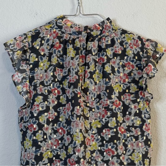 Loft Floral Smocked Ruffled Cap Sleeve Lightweight Dark Floral Shirt Blouse Sz S - Picture 8 of 12